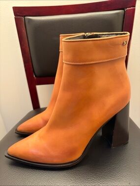 Womens Capezzani Italian Made Women's Tan Leather Ankle Booties with Block Heel